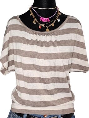 By & By Striped Short Sleeve Top with Crochet Lace Back - Size S